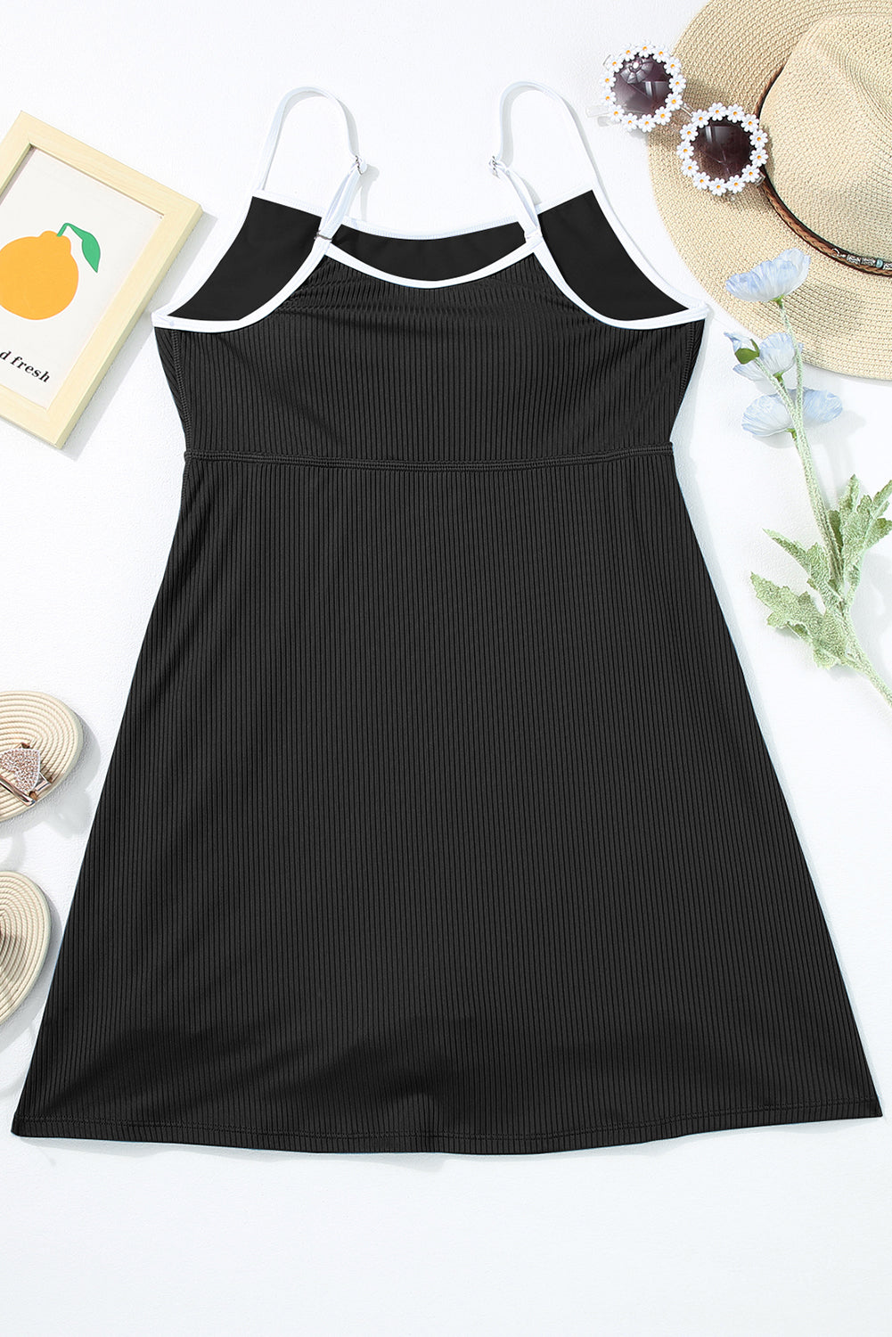 Black Sporty Ribbed Spaghetti Straps One Piece Swimdress