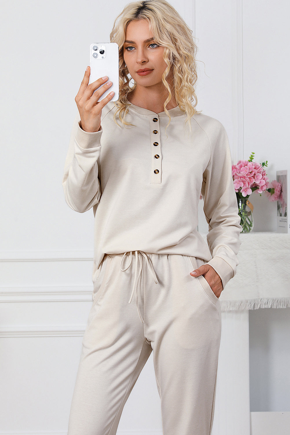 Apricot Long Sleeve Button Top and Drawstring Pants Set