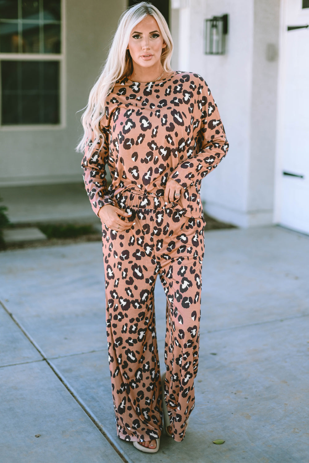 Brown Leopard Print Long Sleeve Pullover and Pants Outfit