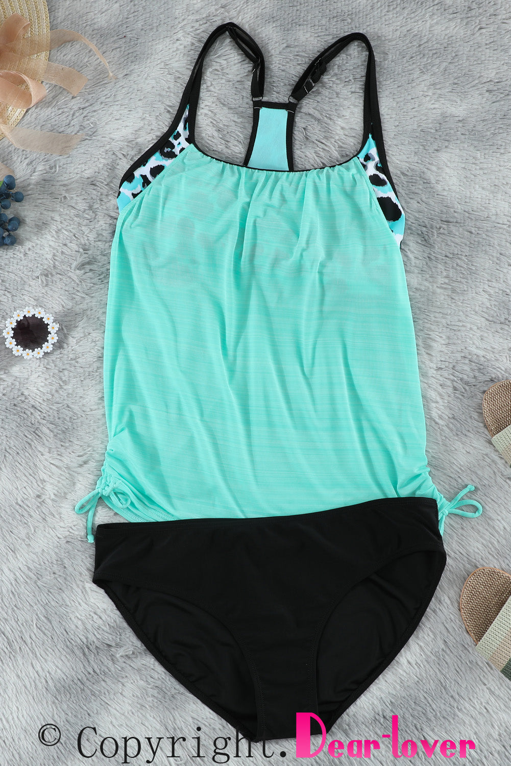 Sky Blue Leopard Printed Lined Tankini Swimsuit