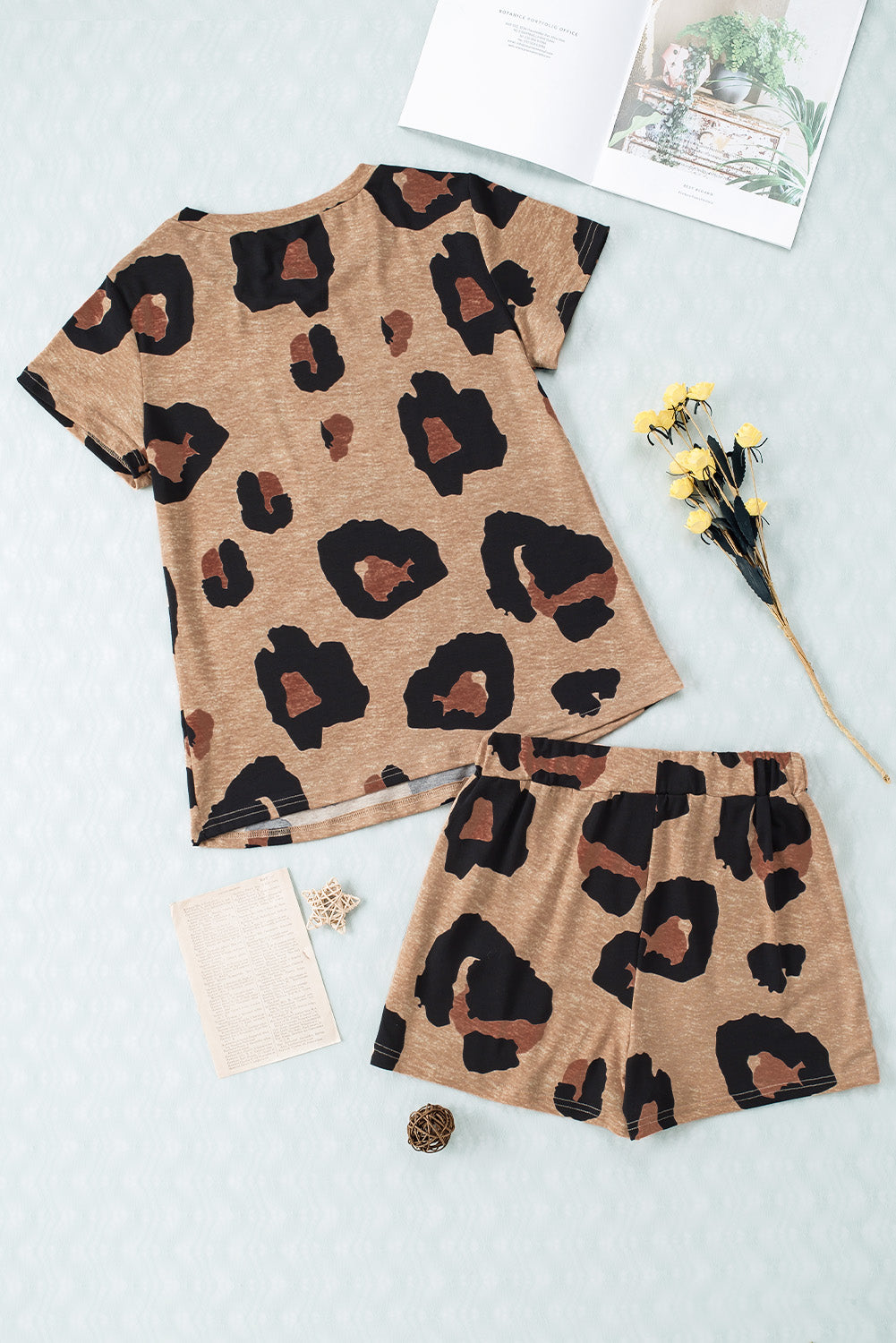 Leopard Pocket Short Sleeve Drawstring Lounge Set