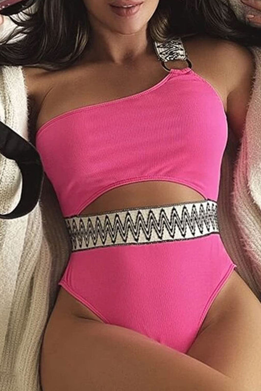 Bright Pink Contrast Trim Cut out One Shoulder One Piece Swimsuit