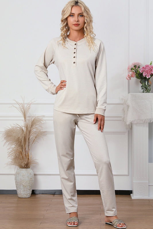 Apricot Long Sleeve Button Top and Drawstring Pants Set