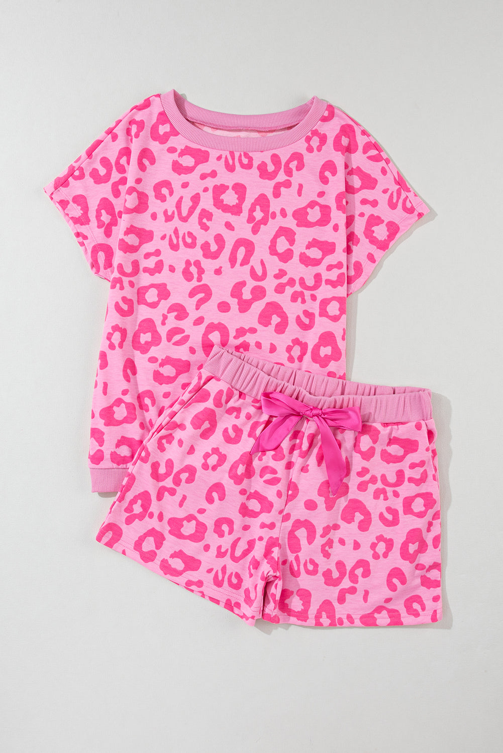 Pink Leopard Print Tee and Satin Tie Shorts Lounge Set