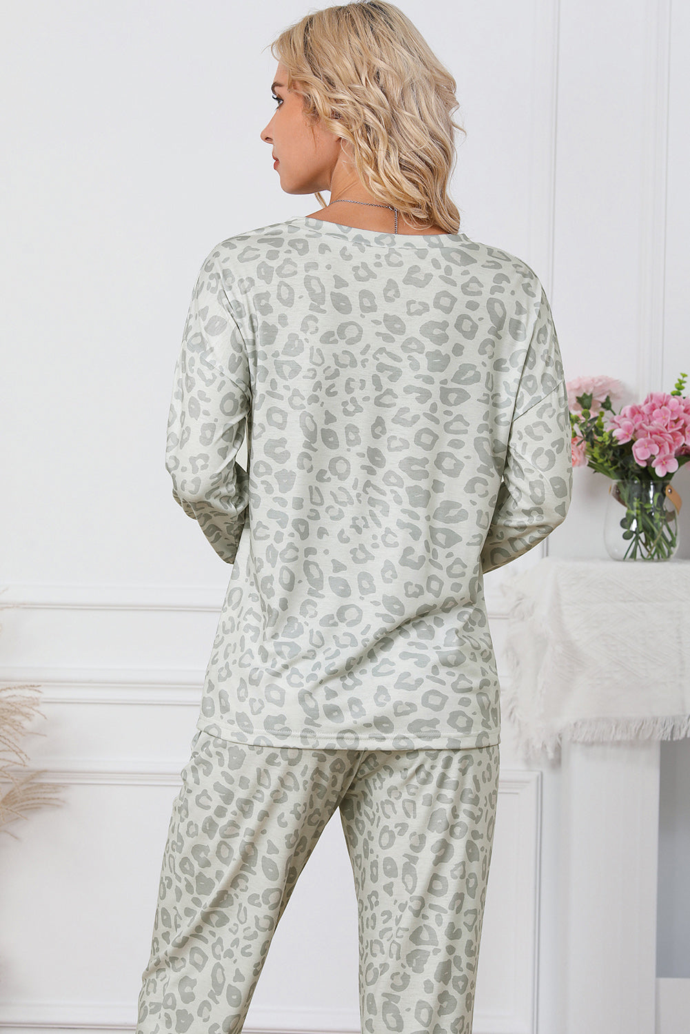 Leopard Print Long Sleeve Top & Drawstring Joggers Loungewear