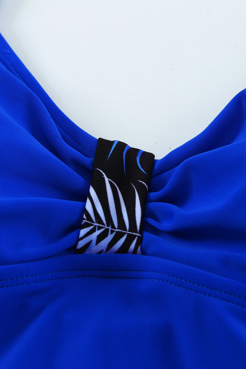 Blue Leaves Splicing Ruched Front Open Back One-piece Swimsuit