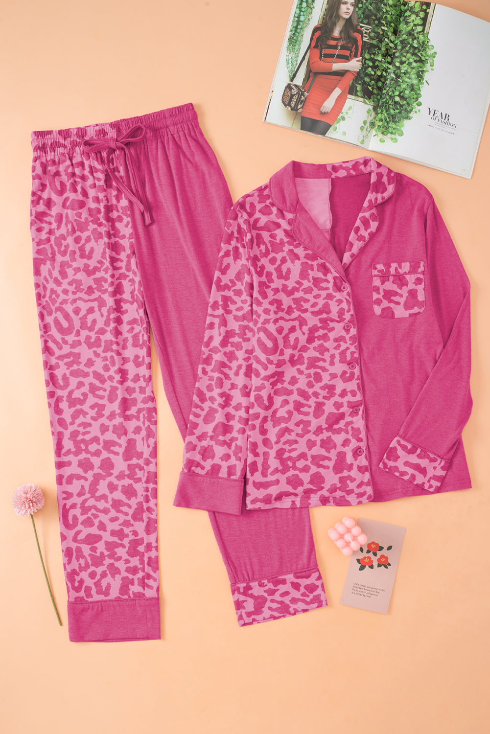 Rose Leopard Contrast Pocket Long Pajama Set