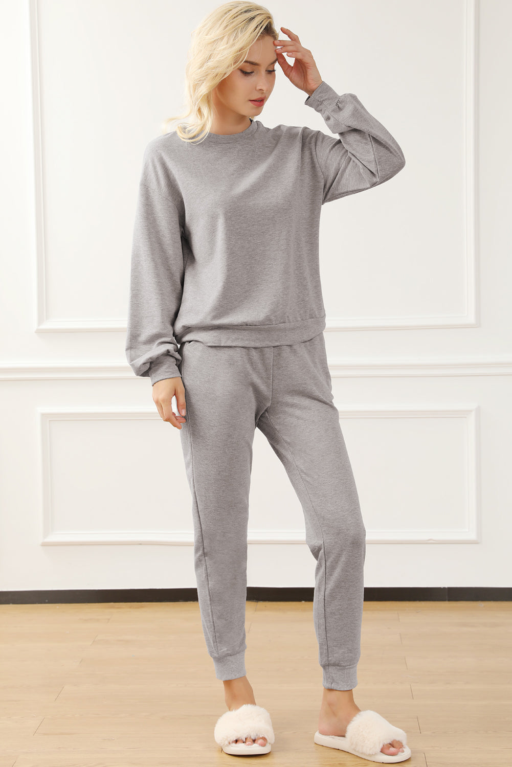 Gray Long Puff Sleeve Top Pocketed Casual Two Piece Set