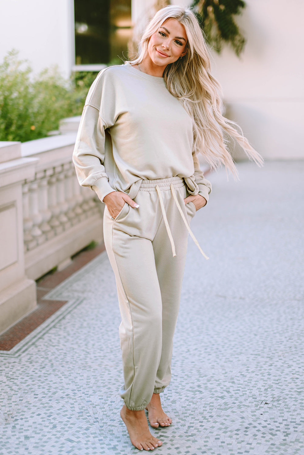 Beige Long Sleeve Top and Drawstring Pants Lounge Outfit