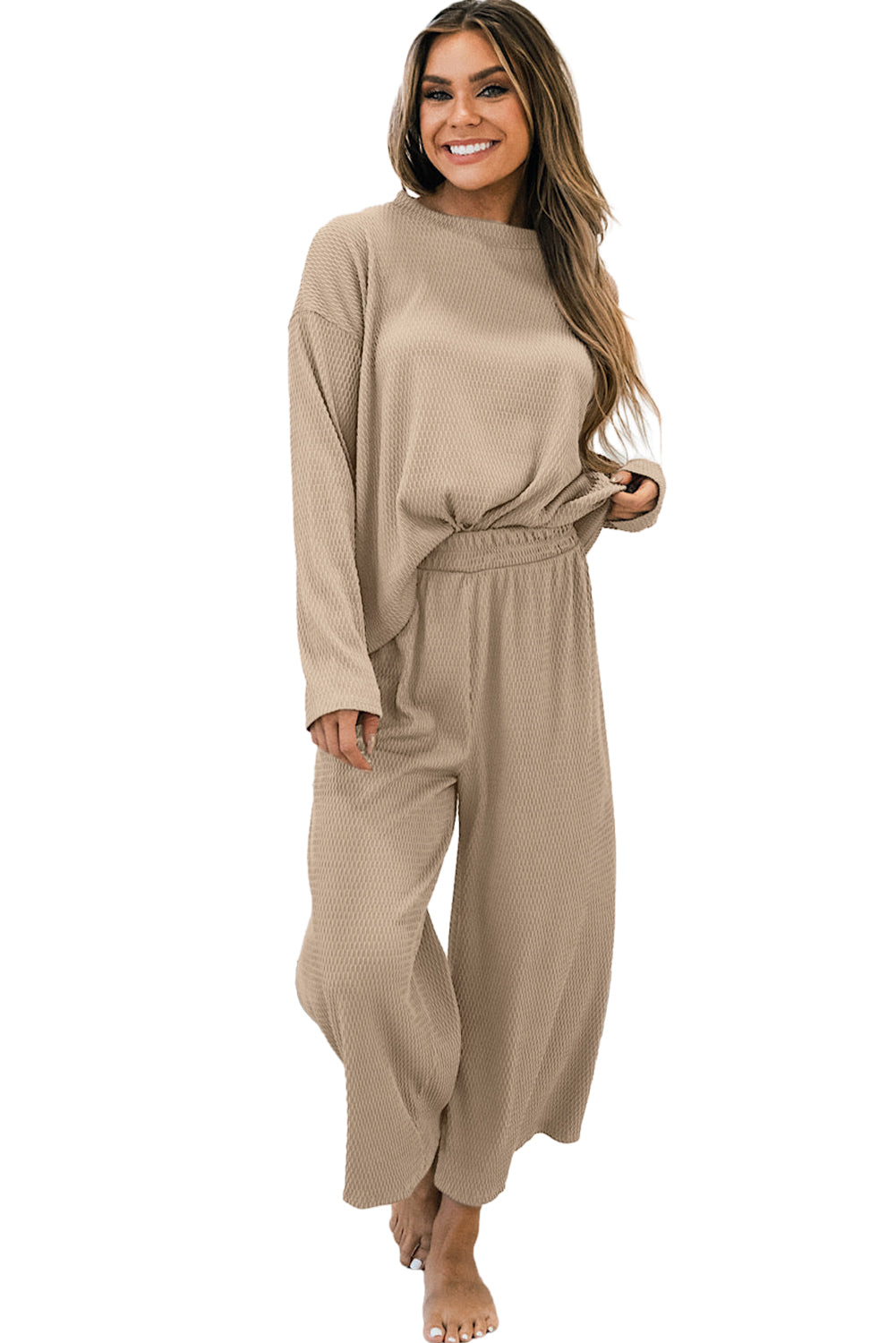 Smoke Gray Loose Textured Pullover and Pants Outfit