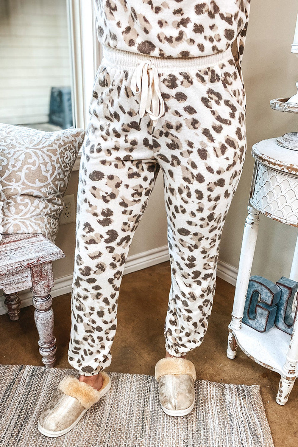 Printed Leopard Long Sleeve Top Drawstring Joggers Lounge Outfit