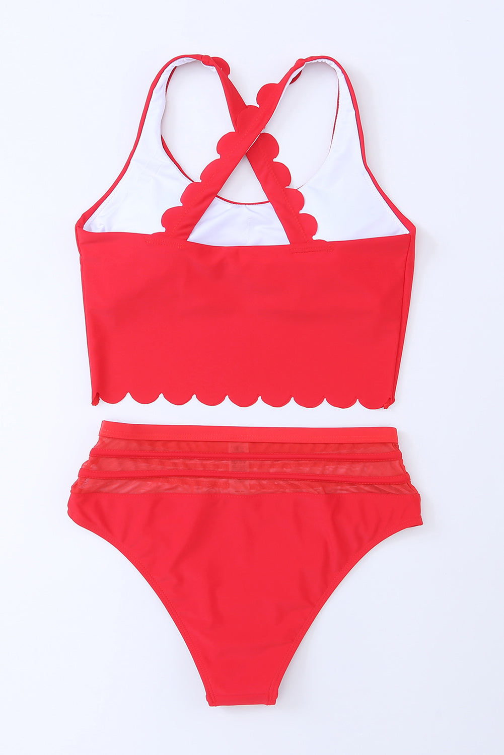 Fiery Red Scalloped Criss Cross High Waist Bikini