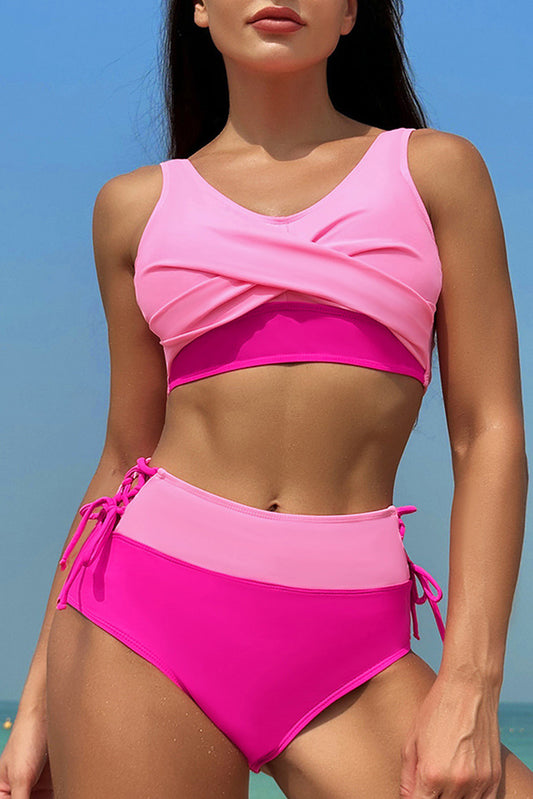 Rose Red Colorblock Crossed Lace up High Waist Bikini