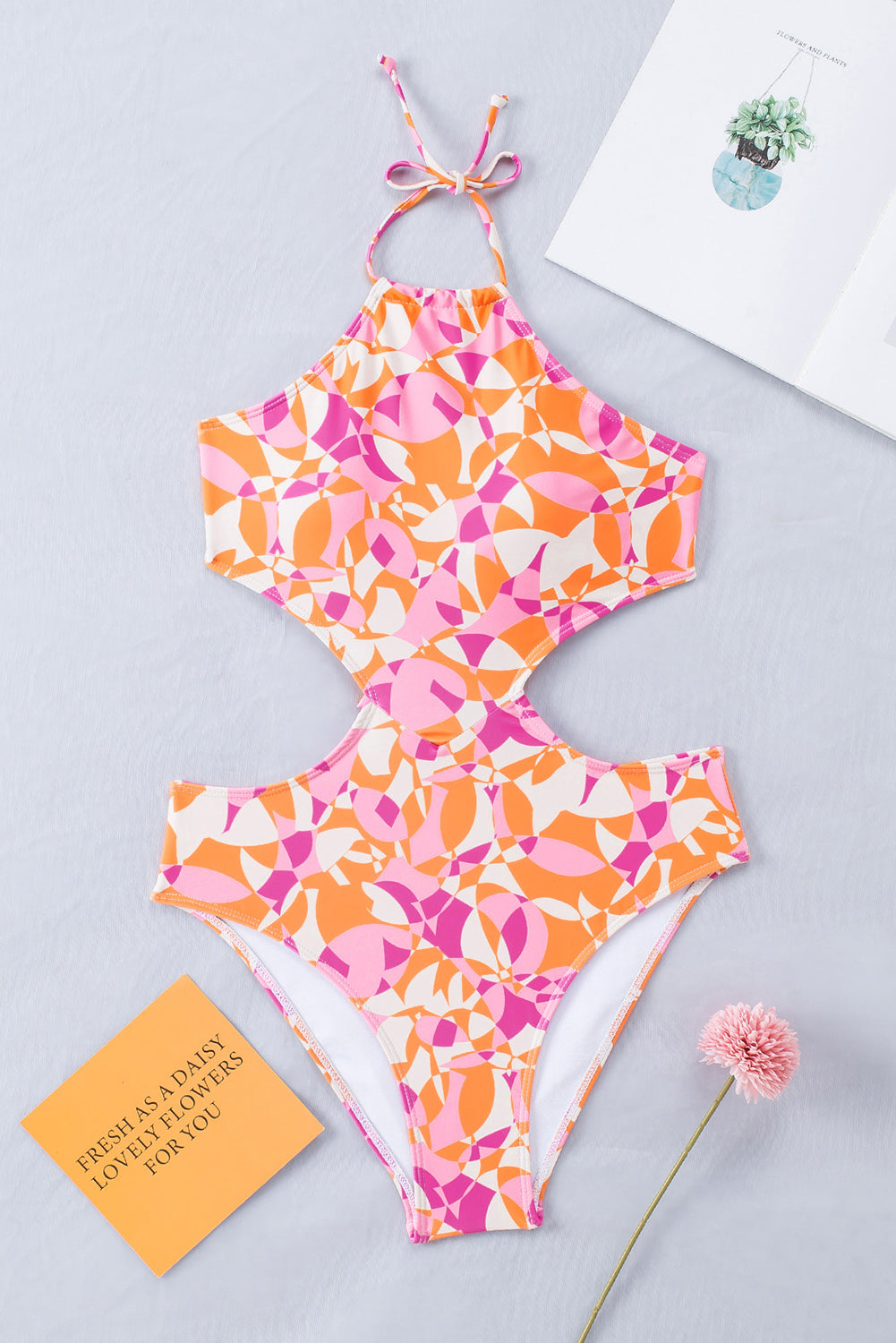 Pink Abstract Print Halter Hollow-Out Back Tie One-Piece Swimsuit