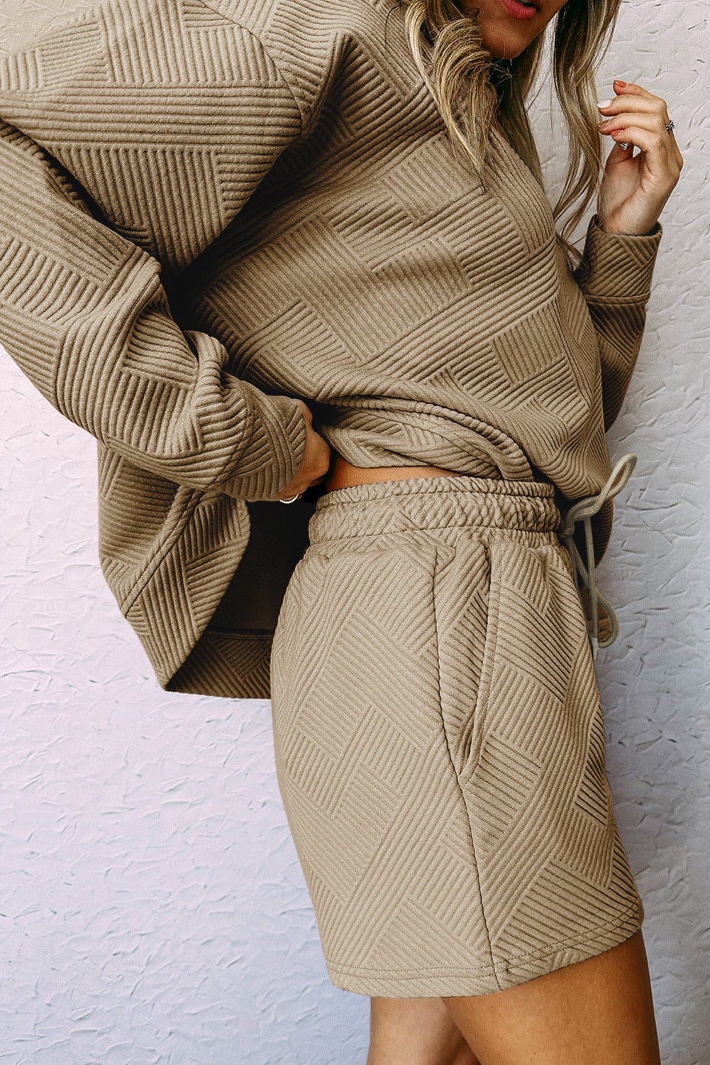 Pale Khaki Textured Long Sleeve Top and Drawstring Shorts Set