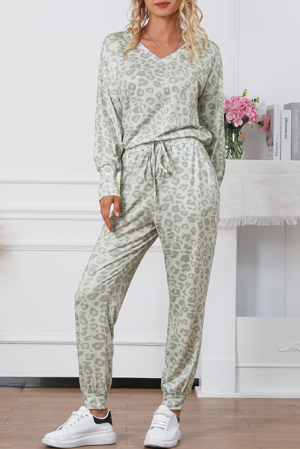 Leopard Print Long Sleeve Top & Drawstring Joggers Loungewear