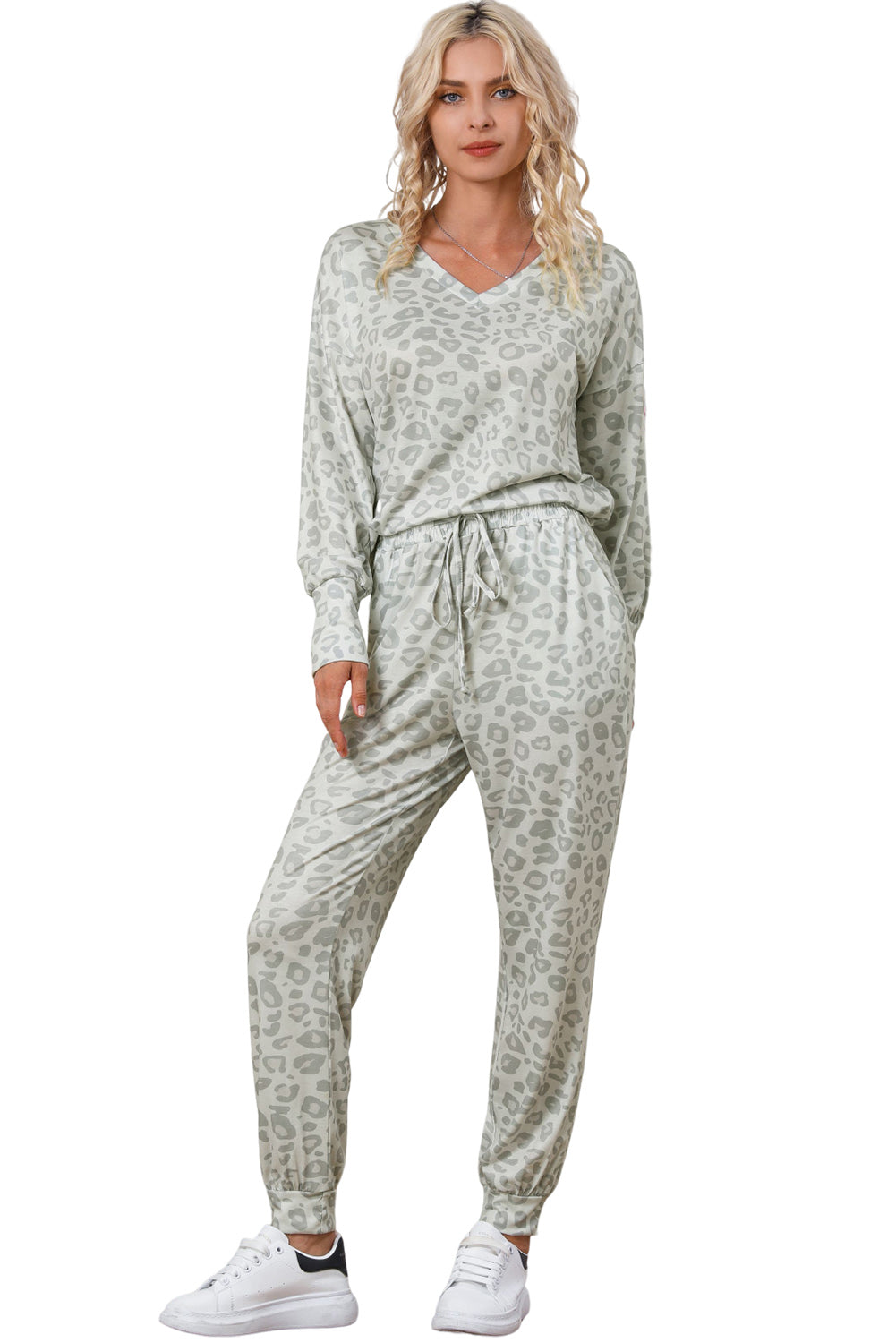 Leopard Print Long Sleeve Top & Drawstring Joggers Loungewear