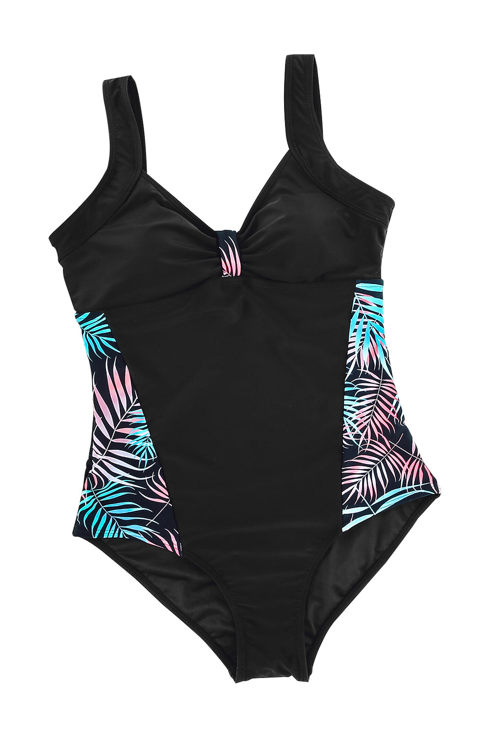 Black Leaves Splicing Ruched Front Open Back One-piece Swimsuit