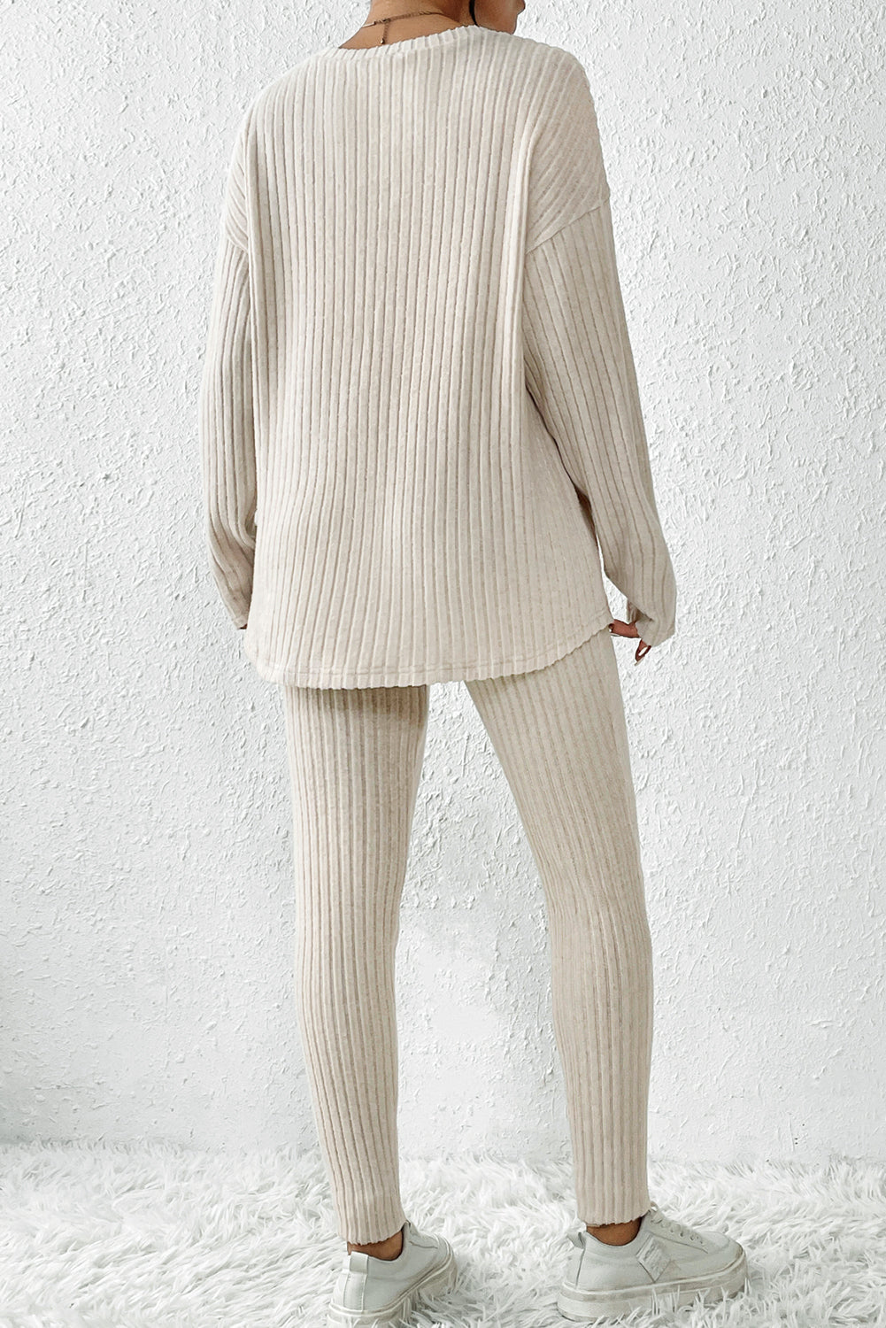 Apricot Ribbed Knit Loose Long Sleeve Top Skinny Pants Set