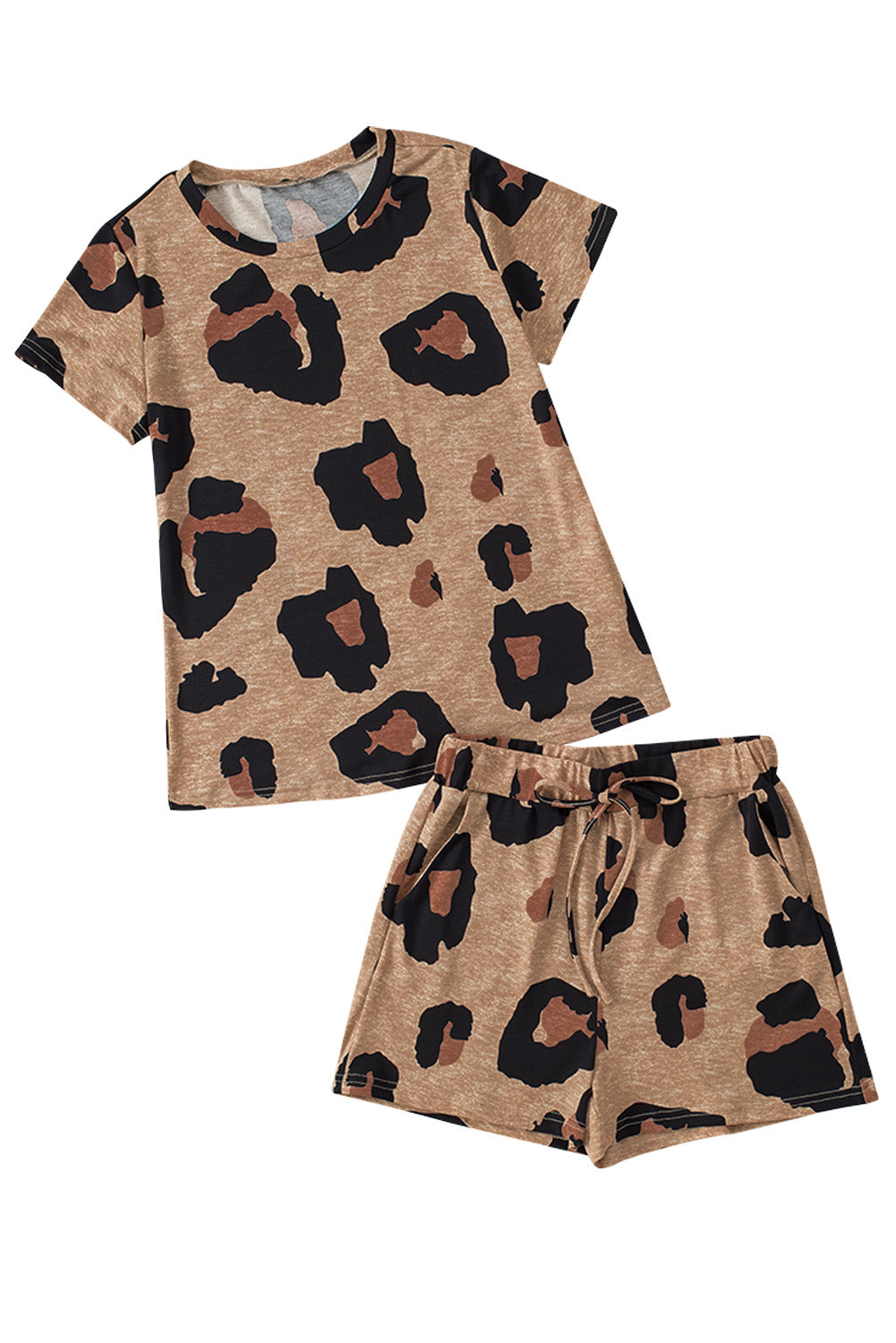 Leopard Pocket Short Sleeve Drawstring Lounge Set