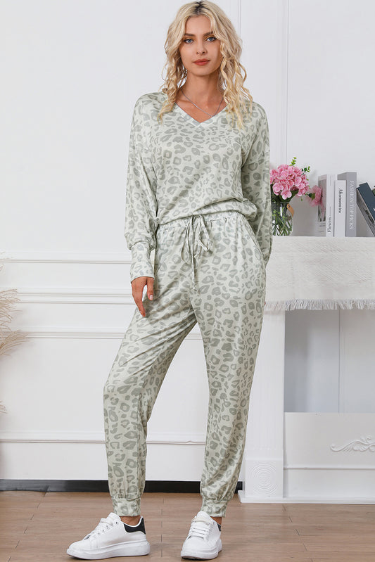 Leopard Print Long Sleeve Top & Drawstring Joggers Loungewear