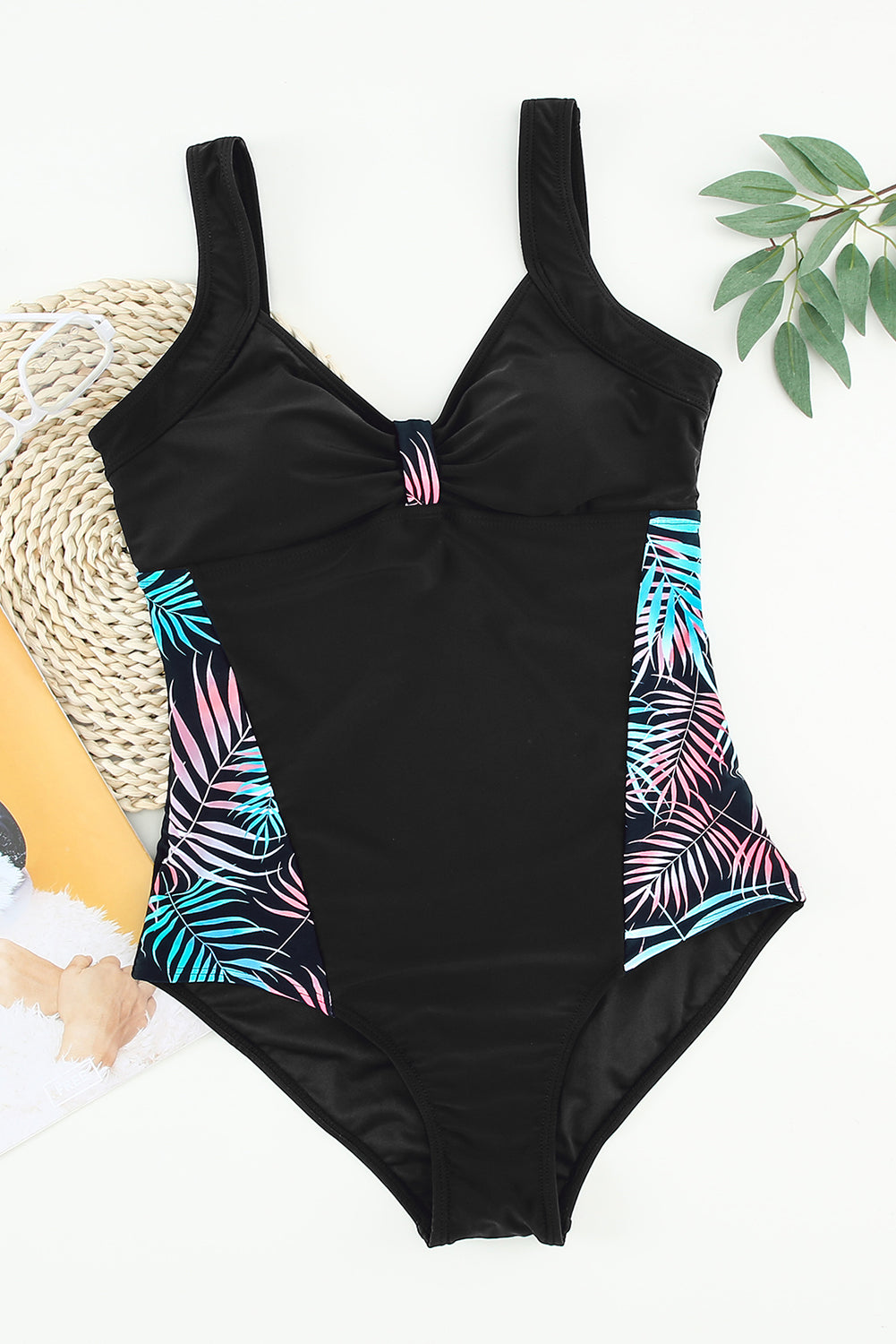 Black Leaves Splicing Ruched Front Open Back One-piece Swimsuit