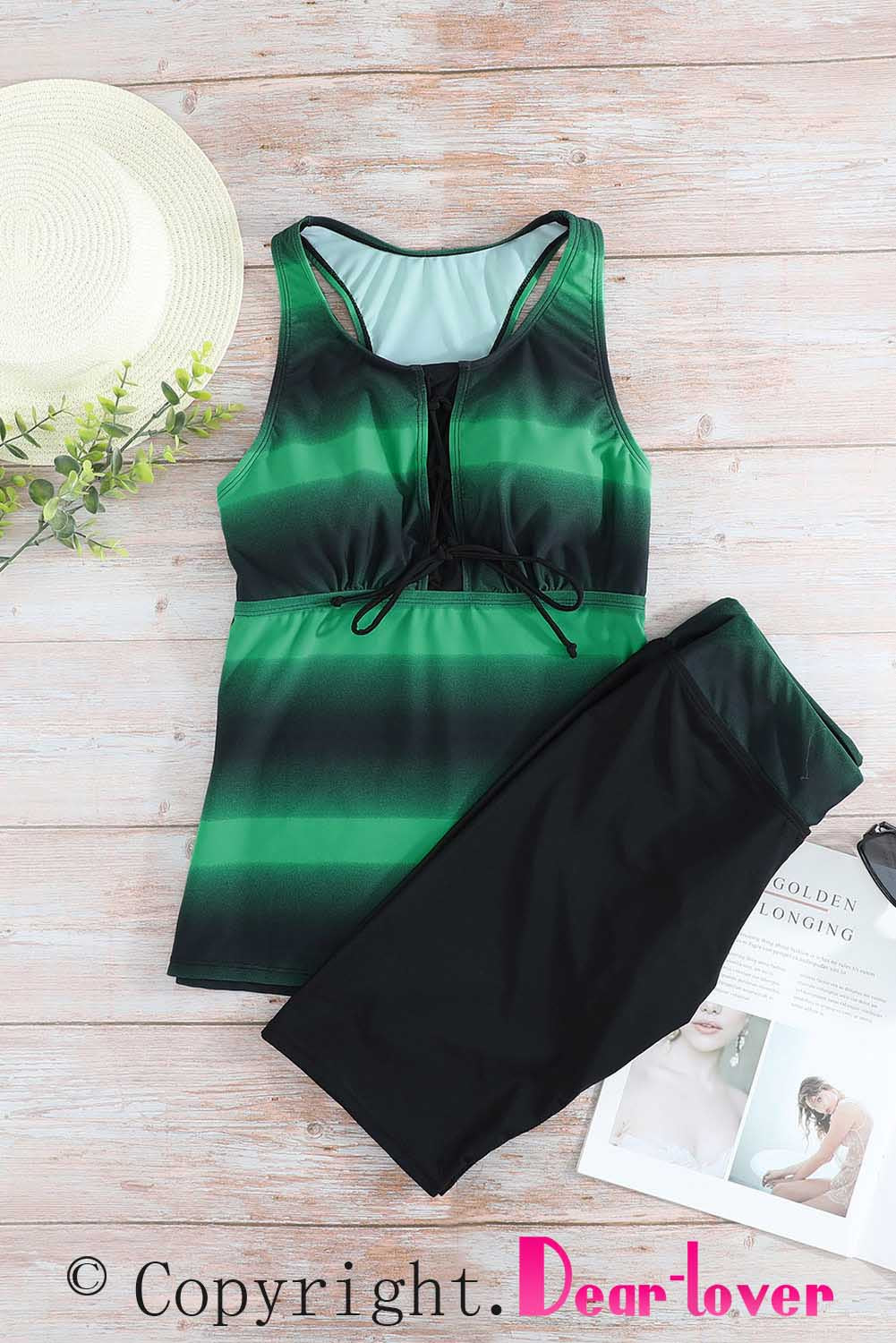 Green Black Ombre Print Racerback Tankini Swimsuit