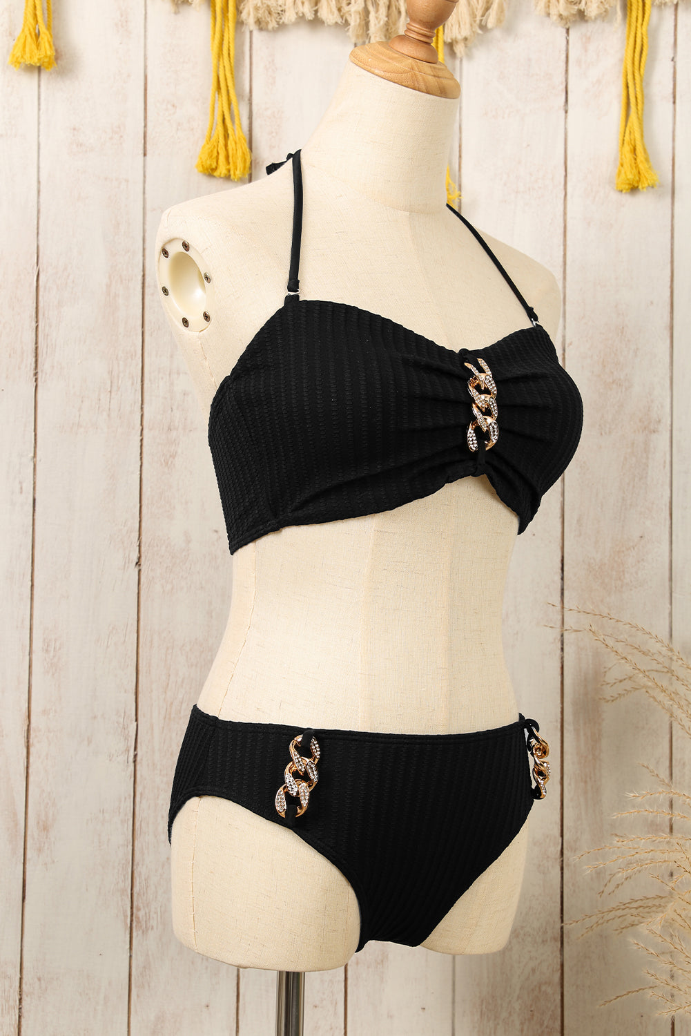 Black Rhinestone Rings Textured Halter Neck Bikini Set