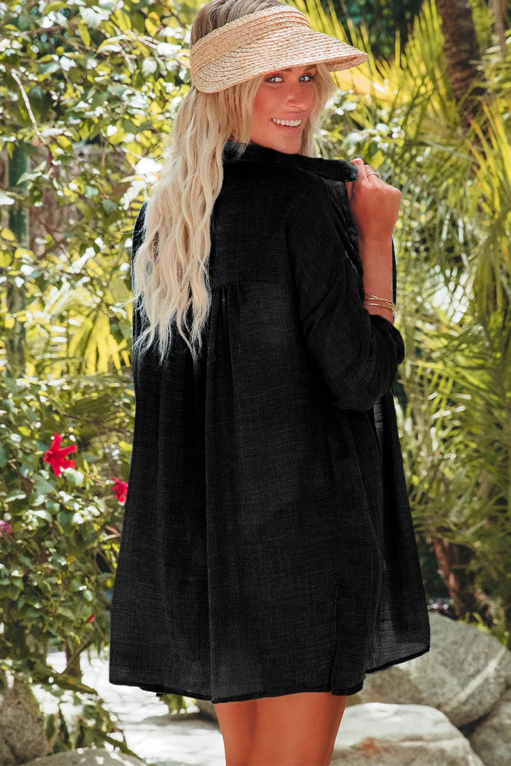 Black Lightweight Shirt Style Beach Cover Up