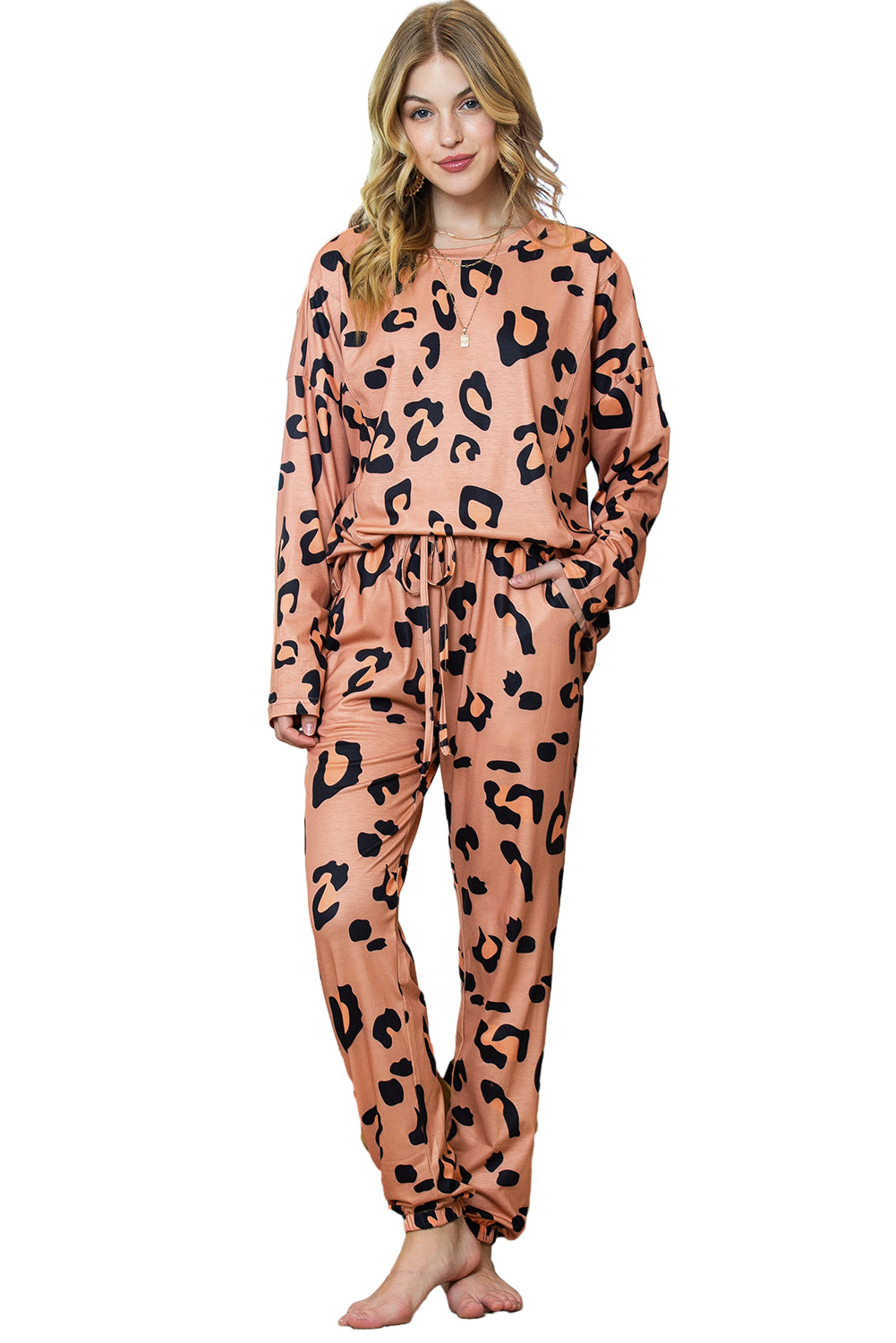 Pale Chestnut Leopard Long Sleeve Top and Drawstring Pants Set