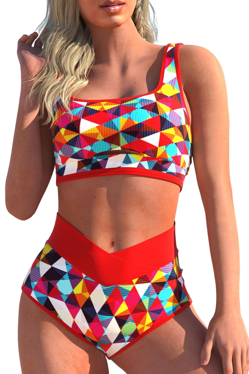 Fiery Red 2pcs Geometric Print Notch High Waisted Bikini