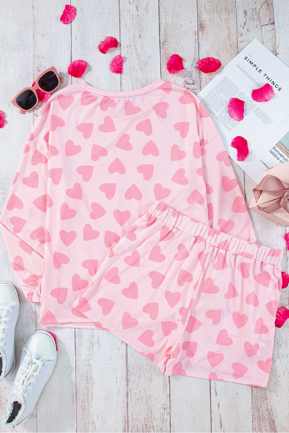 Pink Valentine Heart Shape Print Long Sleeve Top Shorts Lounge Set