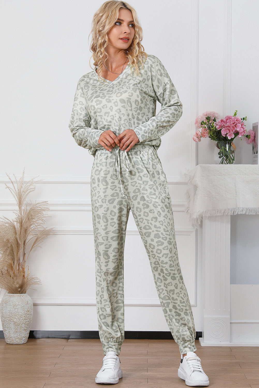 Leopard Print Long Sleeve Top & Drawstring Joggers Loungewear