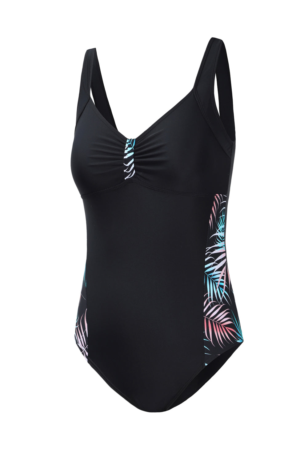 Black Leaves Splicing Ruched Front Open Back One-piece Swimsuit