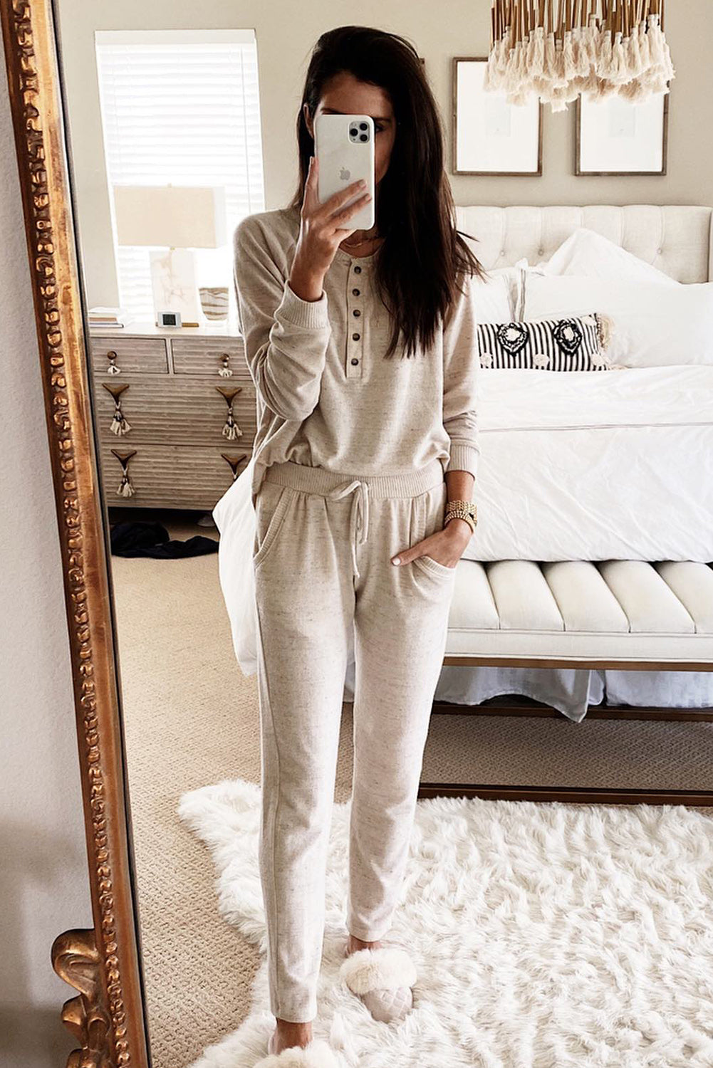 Apricot Long Sleeve Button Top and Drawstring Pants Set