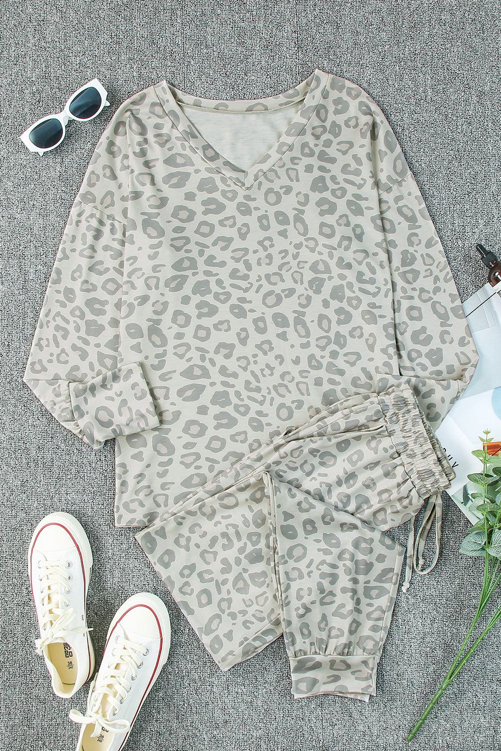 Leopard Print Long Sleeve Top & Drawstring Joggers Loungewear