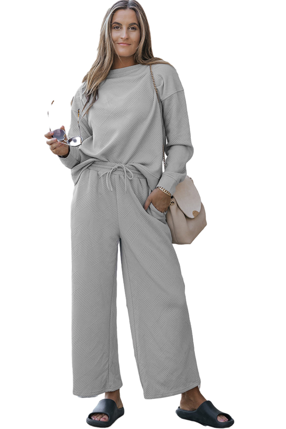 Gray Ultra Loose Textured 2pcs Slouchy Outfit