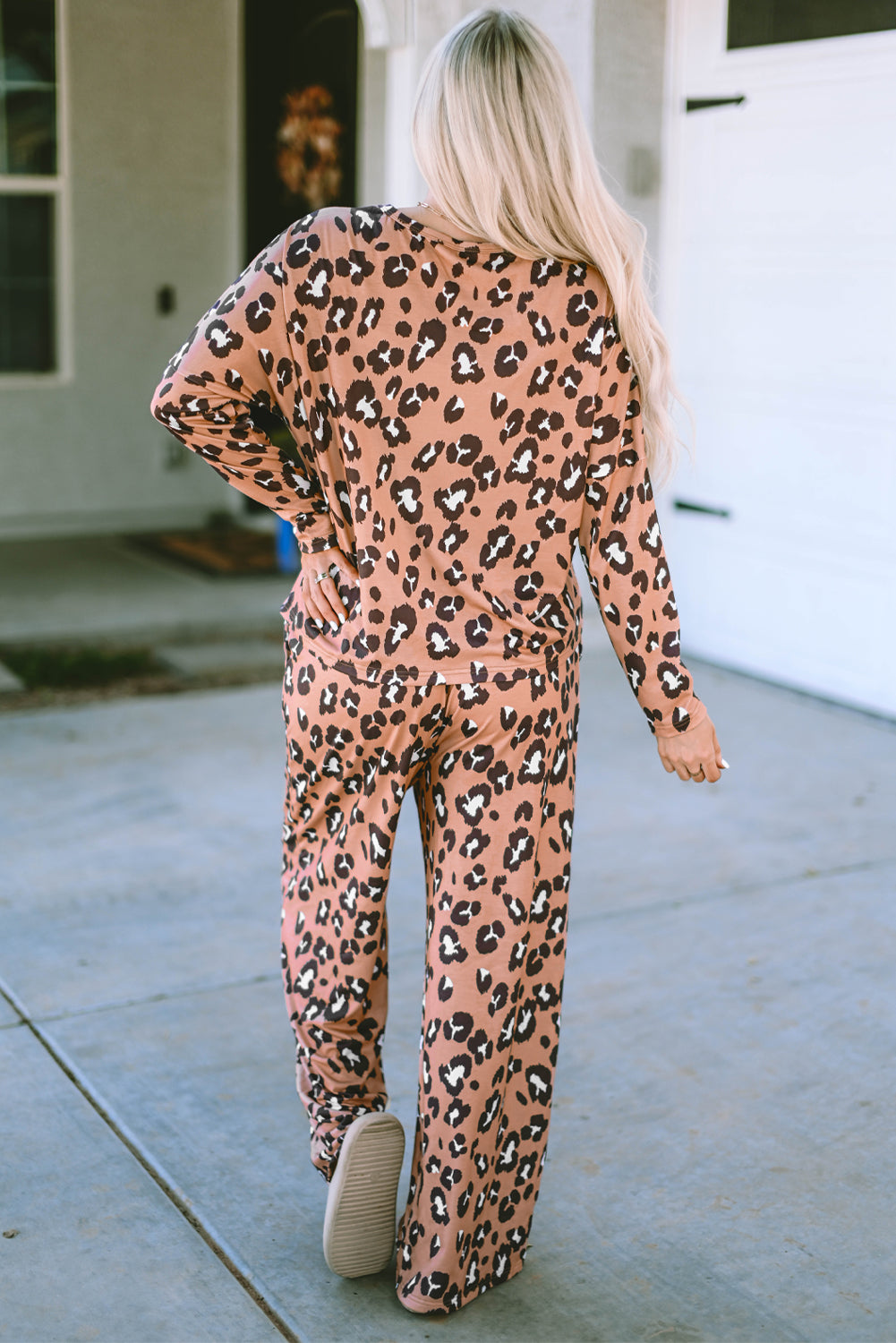 Brown Leopard Print Long Sleeve Pullover and Pants Outfit