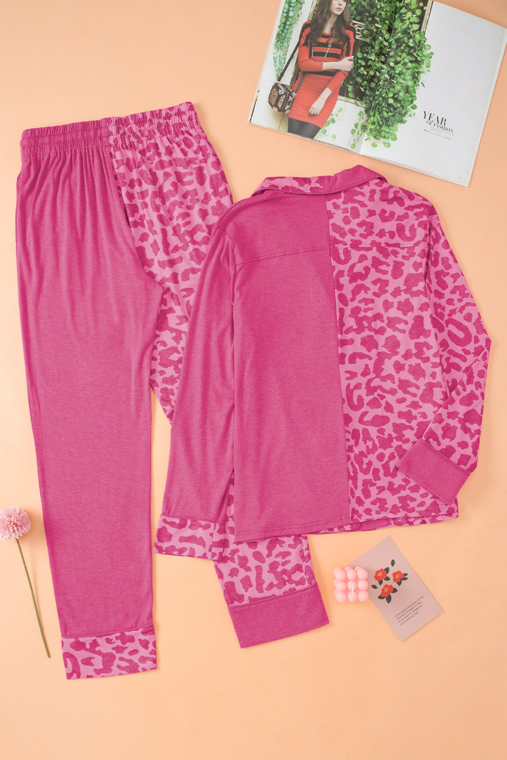 Rose Leopard Contrast Pocket Long Pajama Set