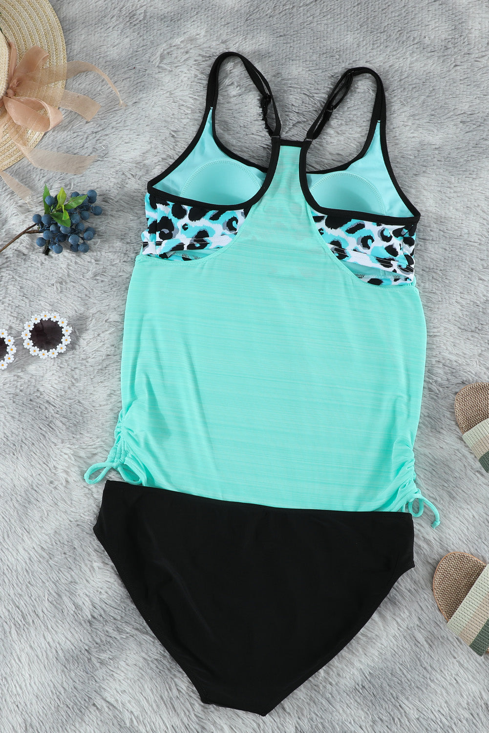 Sky Blue Leopard Printed Lined Tankini Swimsuit