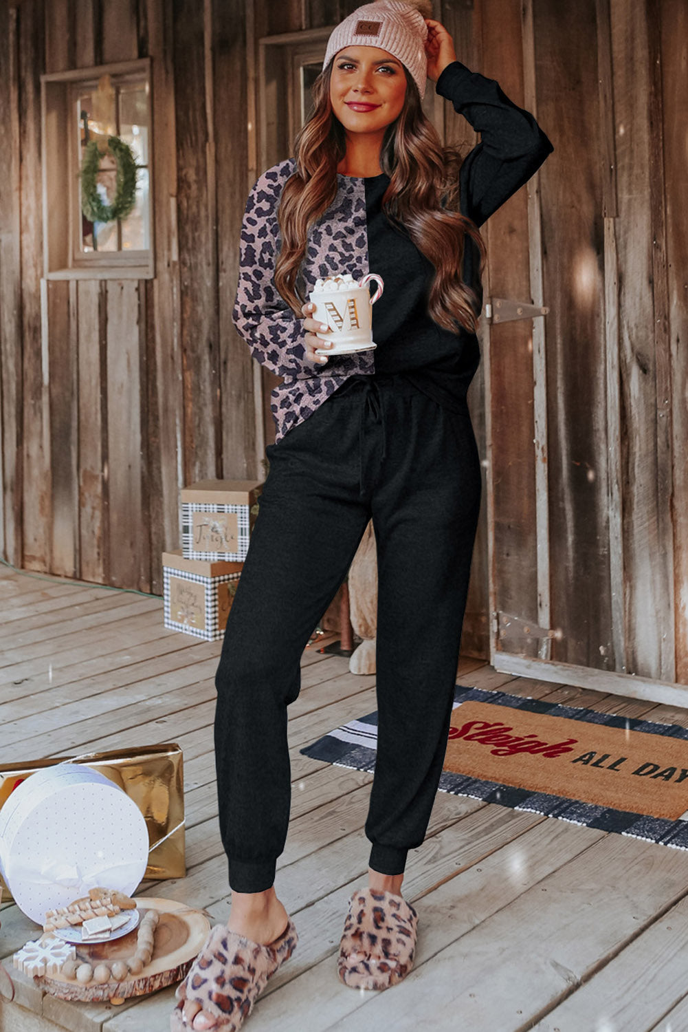 Black Contrast Leopard Long Sleeve Pullover and Joggers Outfit