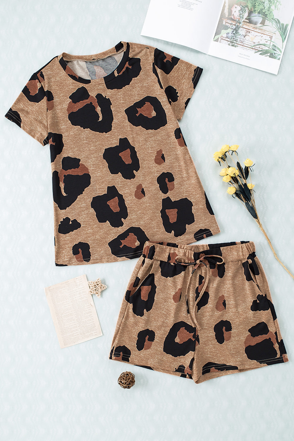 Leopard Pocket Short Sleeve Drawstring Lounge Set