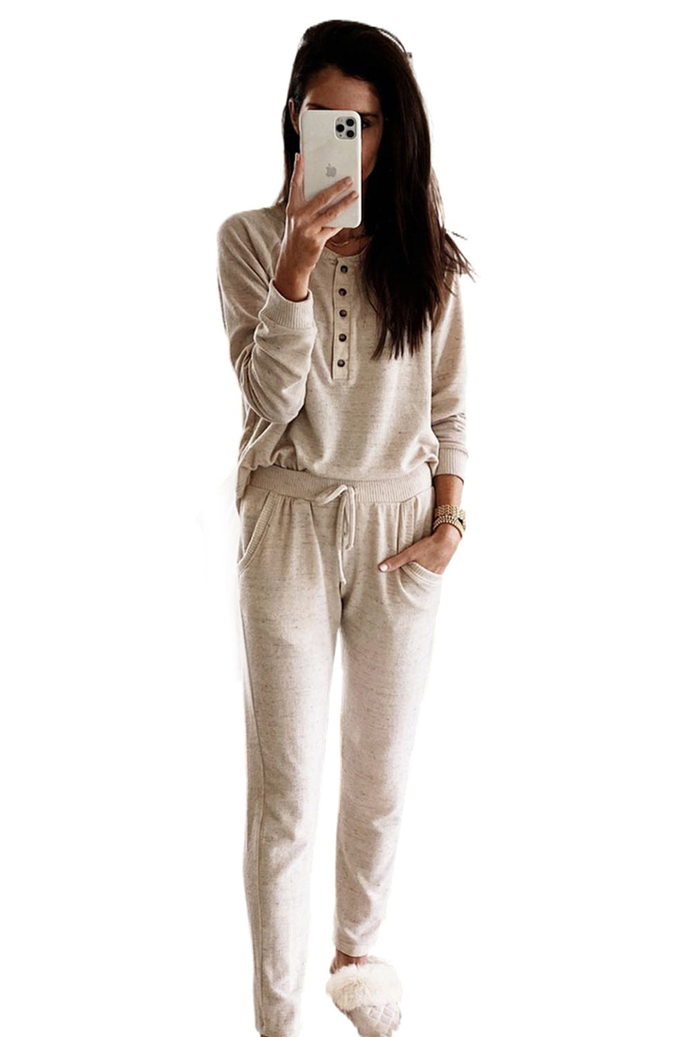 Apricot Long Sleeve Button Top and Drawstring Pants Set