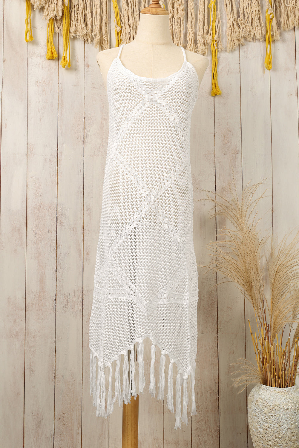 White Crisscross Knot Back Hollow Out Tasseled Beach Dress