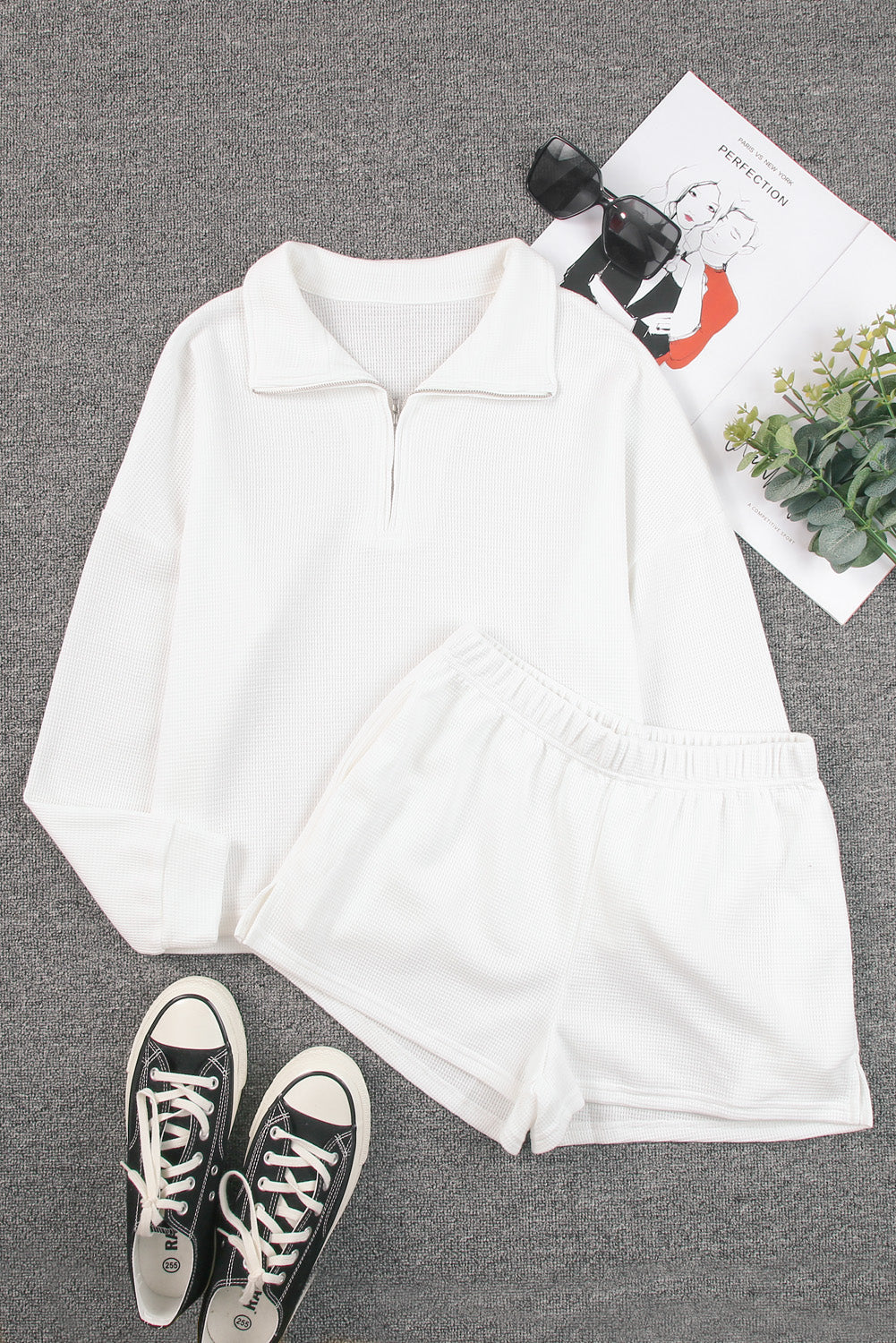 White Ribbed Zipper Sweatshirt and High Waist Shorts Set