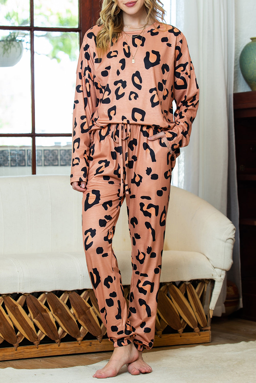 Pale Chestnut Leopard Long Sleeve Top and Drawstring Pants Set