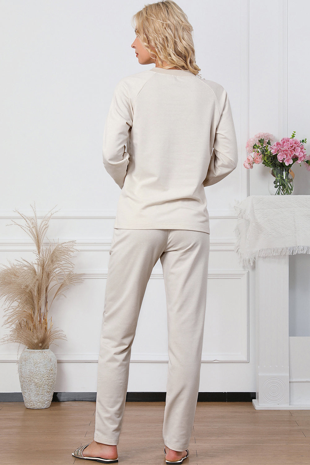 Apricot Long Sleeve Button Top and Drawstring Pants Set