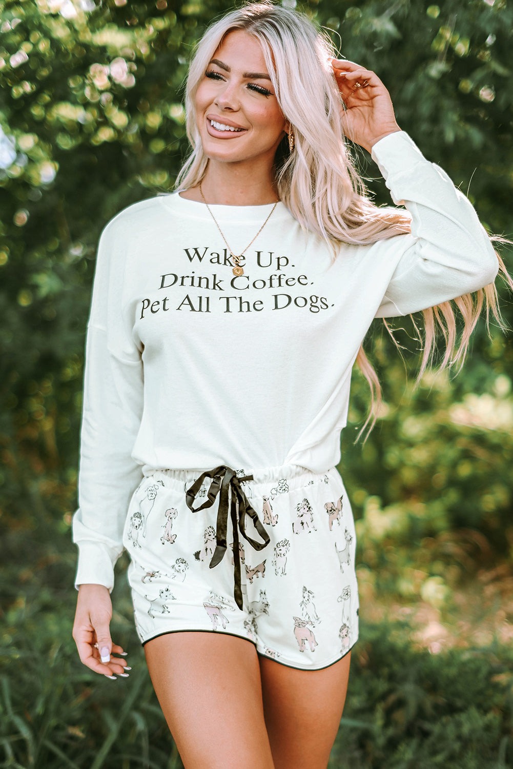 White Long Sleeve Letters Pullover and Animal Shorts Lounge Set