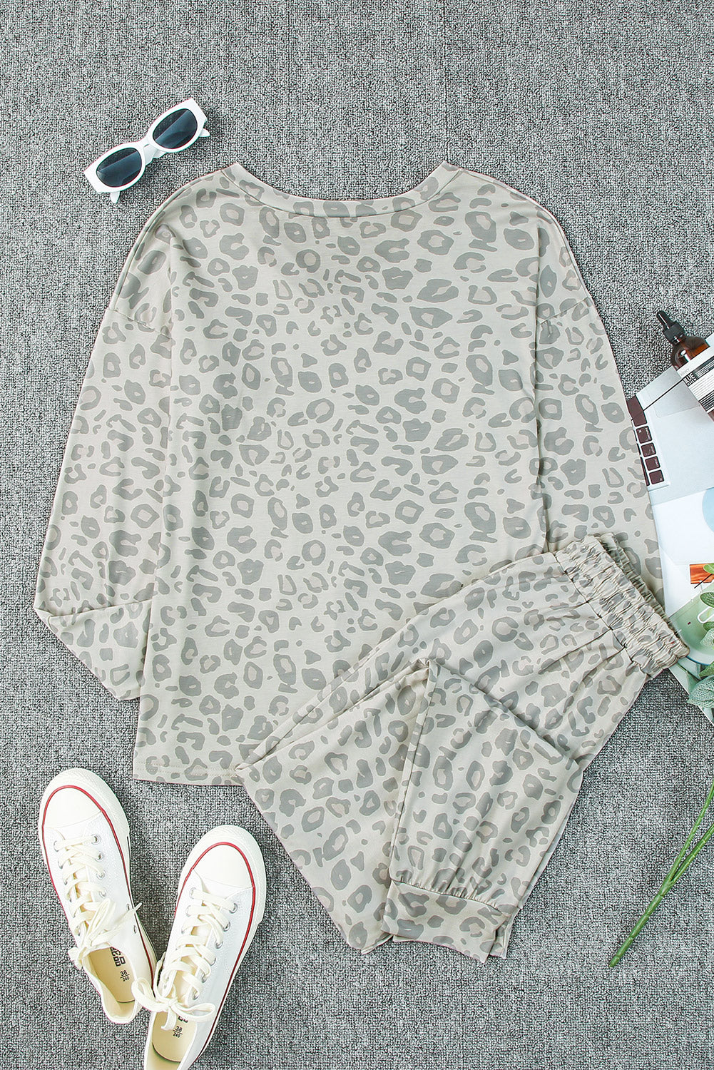 Leopard Print Long Sleeve Top & Drawstring Joggers Loungewear