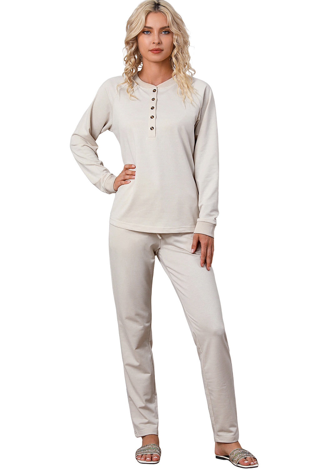 Apricot Long Sleeve Button Top and Drawstring Pants Set